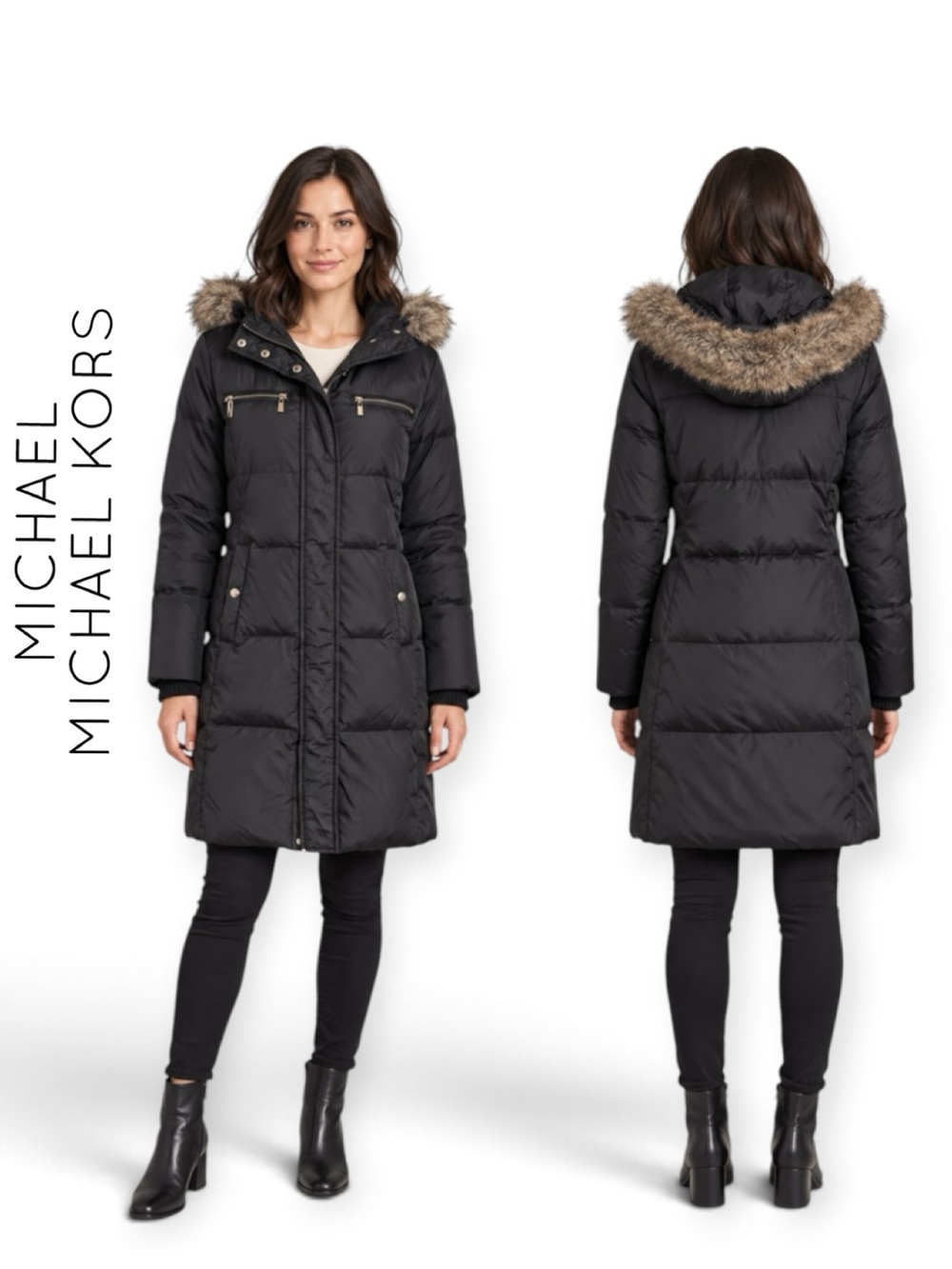 Michael Kors Petite Small Black Down Puffer Coat Faux Fur Hood